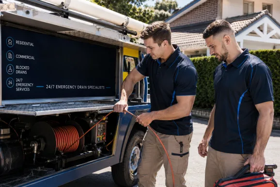 Two plumbers working on a blocked drain in Cabarita